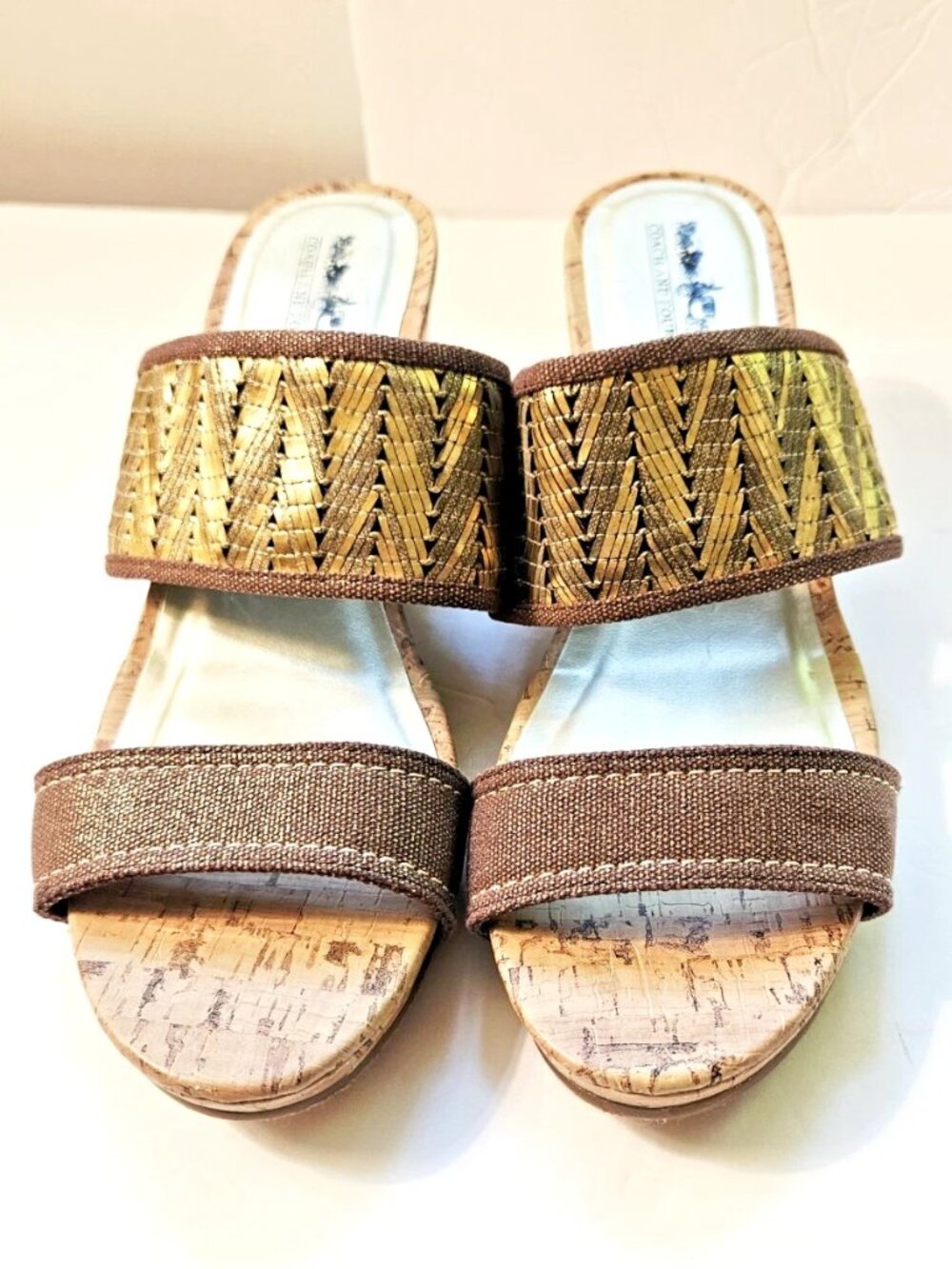 Coach and Four Woven Metallic Cork Wedge Sandals Size 9.5